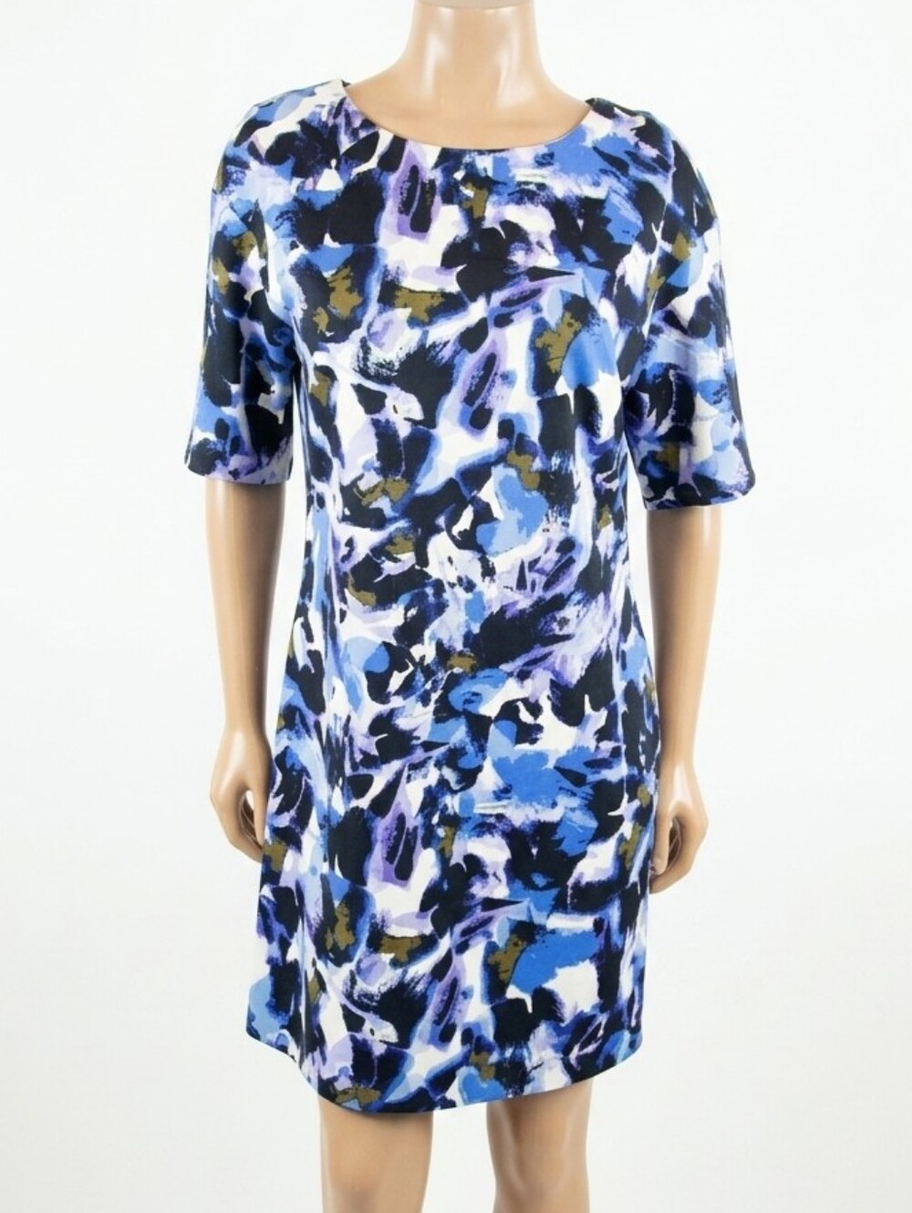 H By Halston Shift Dress Blue Abstract Short Sleeve Womens Size Medium